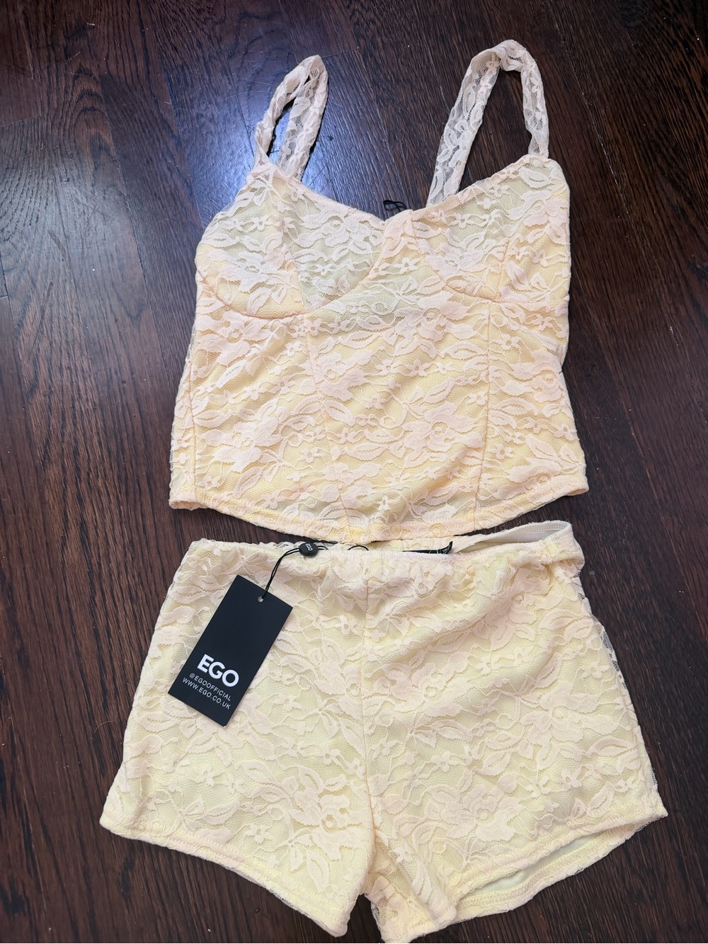 EGO Pale Yellow Lace Crop Cami & Shorts Set